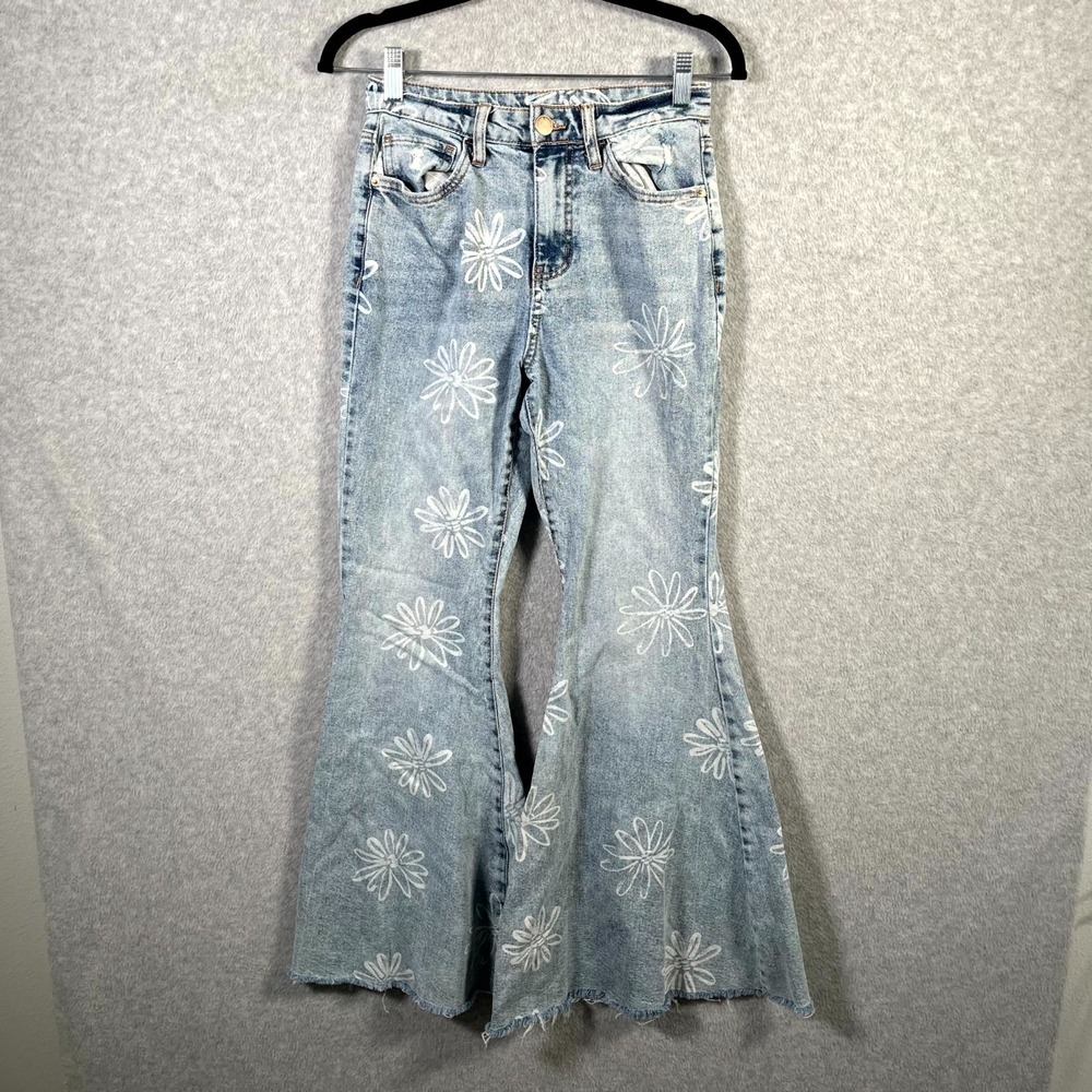 Wild Fable Extreme Flare Jeans Womens 0‎ Blue Denim Floral High Rise Frayed Hem